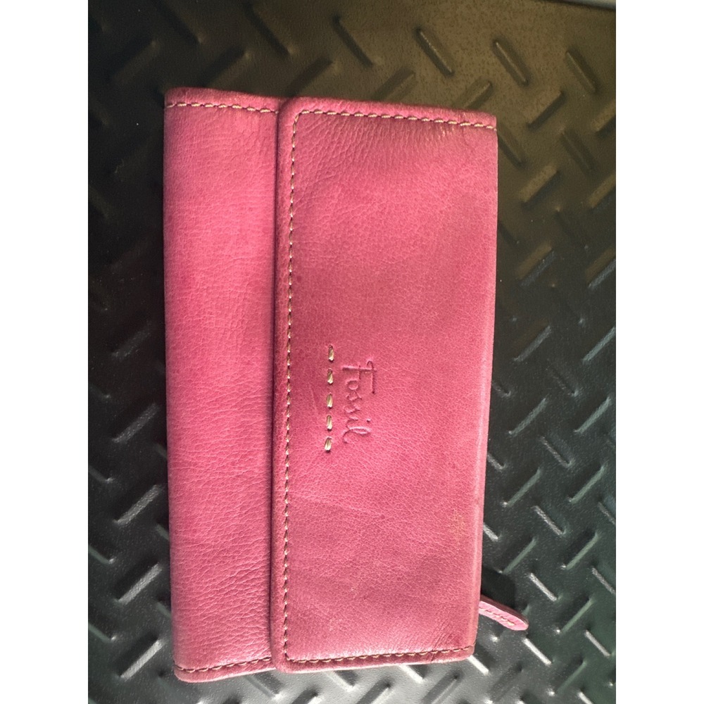 Fossil Leather Tri-Fold Wallet Womens Pink Snap Closure Organizer